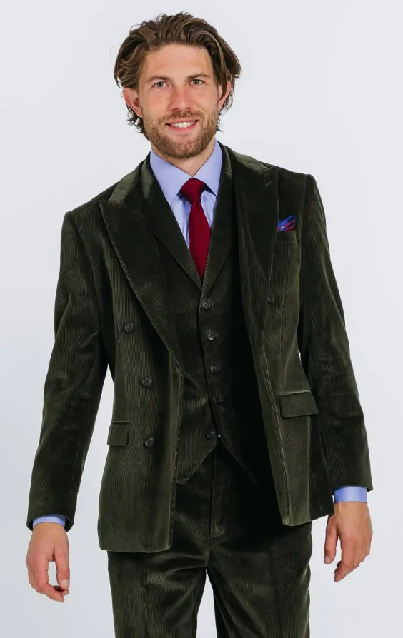 Double Breasted Green Corduroy 3 Piece Suit
