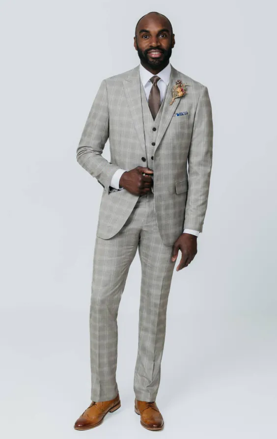 Taupe Check 3 Piece Suit with Peak Lapel - photo 1 Taupe Check 3 Piece Suit with Peak Lapel - photo 1