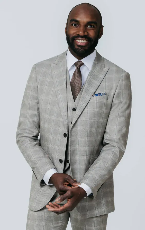 Taupe Check 3 Piece Suit with Peak Lapel Taupe Check 3 Piece Suit with Peak Lapel