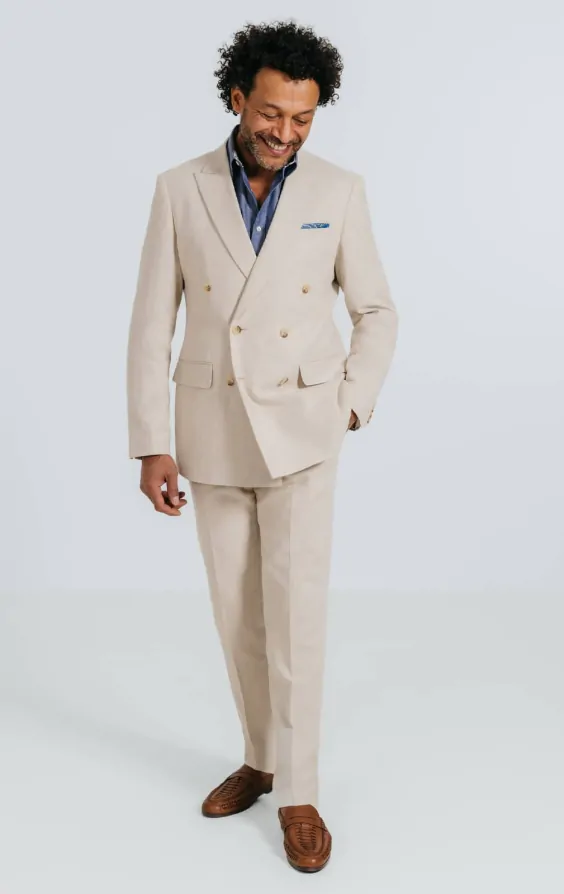 Oatmeal Linen Herringbone Double Breasted Suit with Peak Lapel thumbnail 2