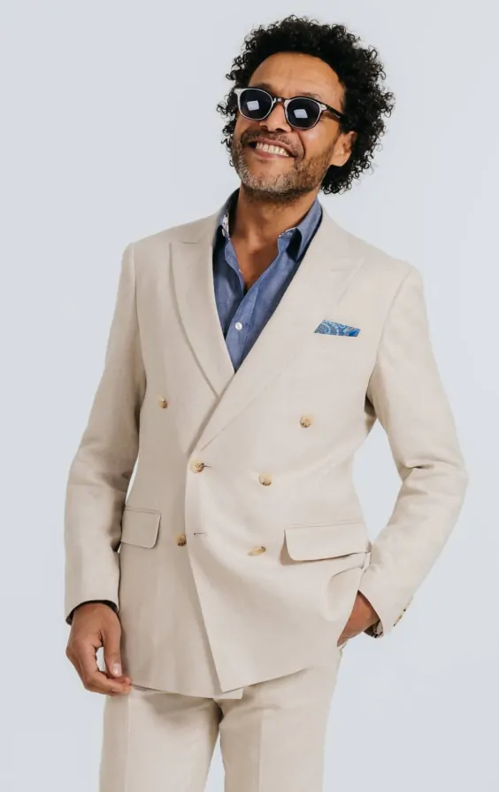 Oatmeal Linen Herringbone Double Breasted Suit with Peak Lapel primary image