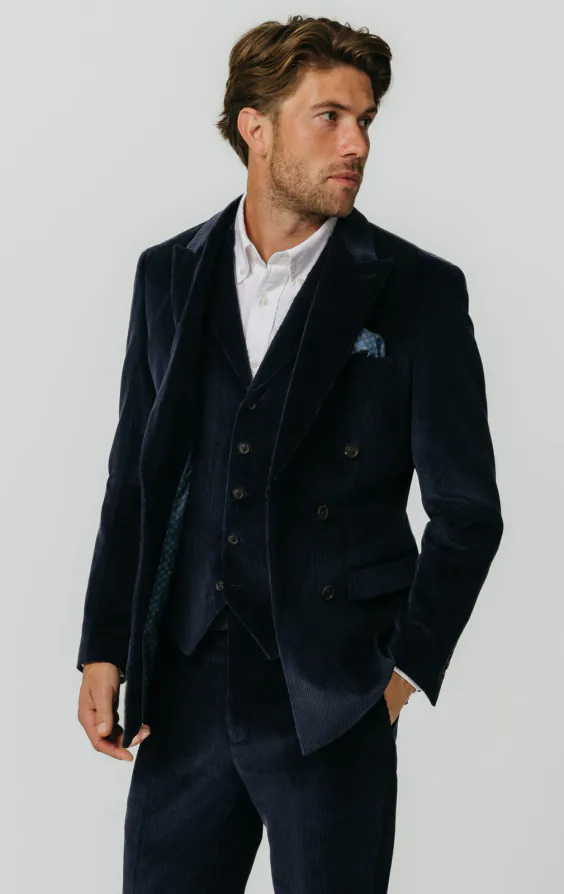 Double Breasted Navy Corduroy 3 Piece Suit - photo 1