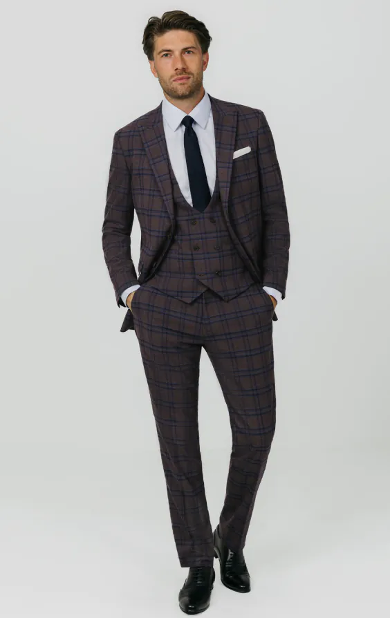 Burgundy with Blue Windowpane Check 3 Piece Suit thumbnail 2