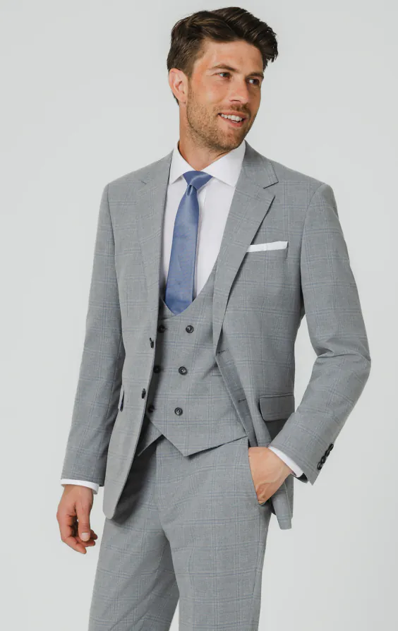 Light Grey & Blue Check 3 Piece Suit Light Grey & Blue Check 3 Piece Suit