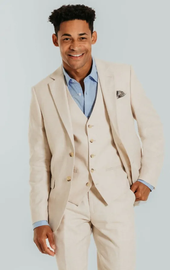 Dobell Cream Linen Slim Fit 3 Piece Suit Dobell
