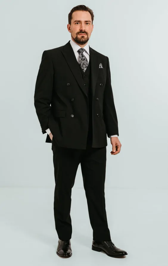 Black Double Breasted 3 Piece Suit with Peak Lapel thumbnail 2