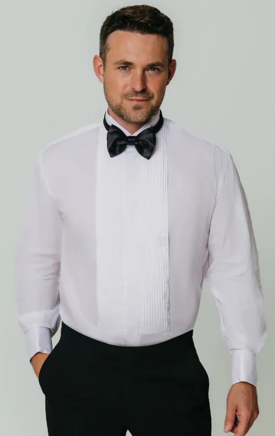 Wing Collar Pleated Front White Dress Shirt