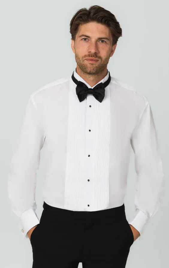 100% Cotton, Wing Collar, Stud Button Pleated Front Dress Shirt by