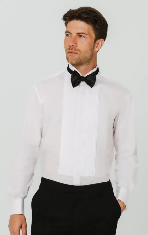 White Slim Fit Pleated Front Dress Shirt with Wing Collar