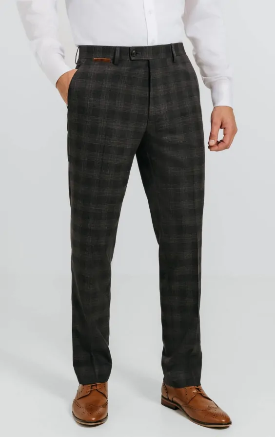 Charcoal Heritage Check with Brown Trim Suit Trousers | Dobell