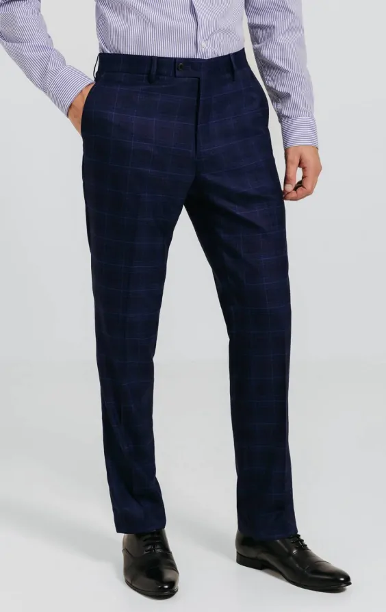 Navy with Blue Overcheck Suit Trousers Dobell