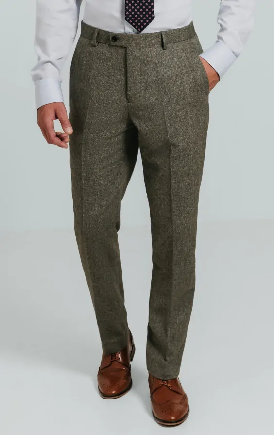 Sage Green Herringbone Tweed Trousers | Dobell