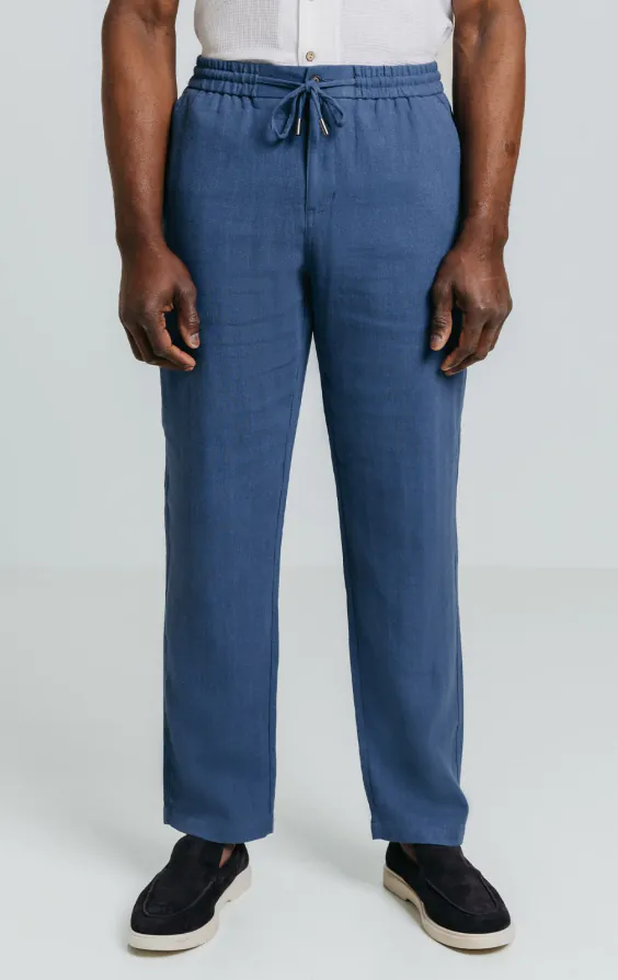 Blue Linen Herringbone Trousers - photo 1