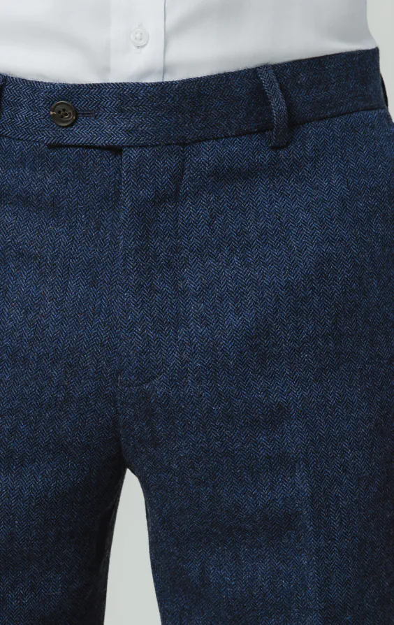 Blue Herringbone Tweed Suit Trousers - photo 1
