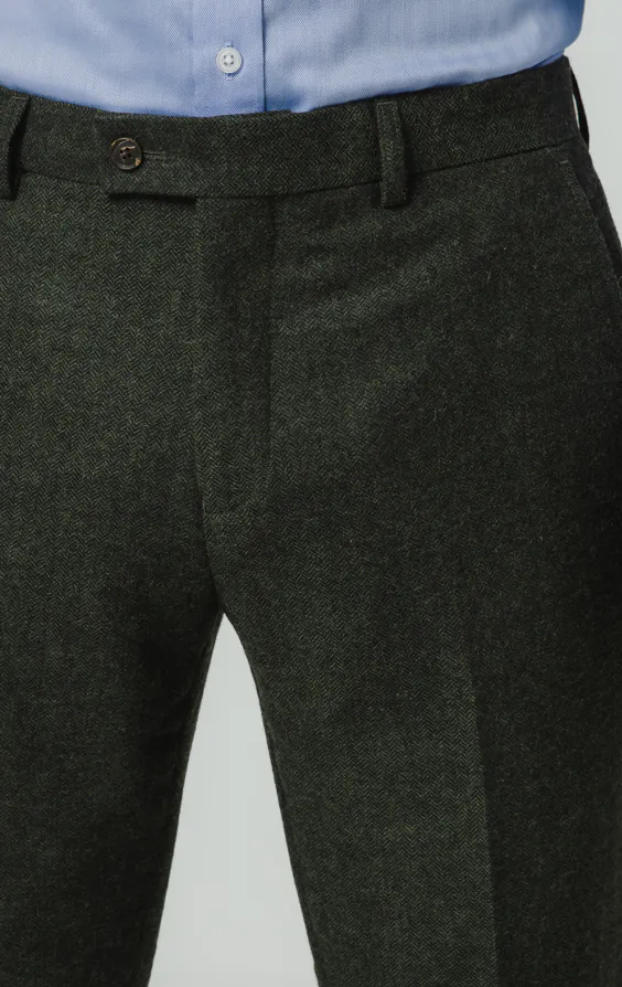 Dark Green Herringbone Tweed Suit Trousers - photo 1