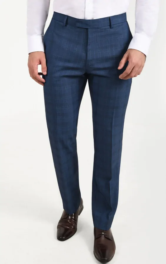 Dobell Dark Blue Check Suit Trousers