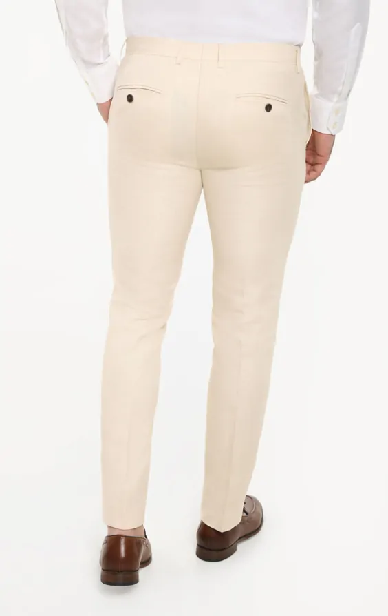 Dobell Cream Linen Slim Fit Trousers Dobell