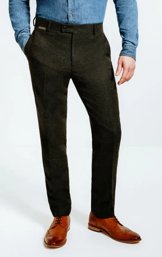 Dobell Dark Green Donegal Tweed Slim Fit Trousers with Oatmeal Trim