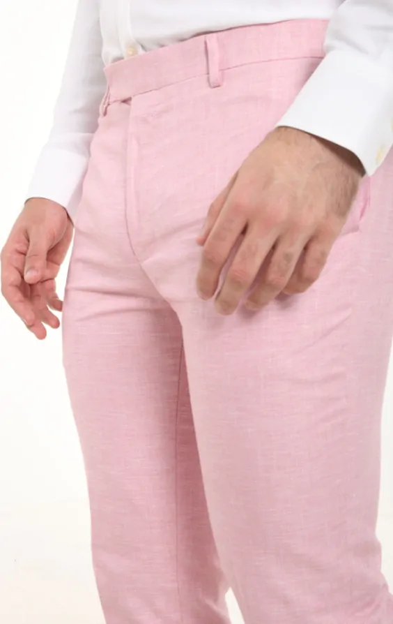 Dobell Light Pink Linen Slim Fit Trousers Dobell