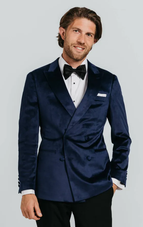 Double Breasted Navy Velvet Tuxedo with Black Trousers Double Breasted Navy Velvet Tuxedo with Black Trousers