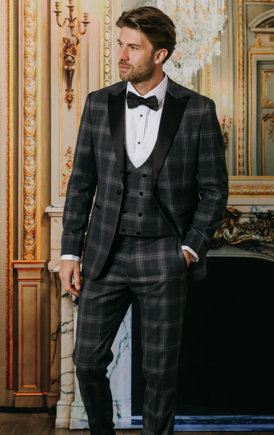 Grey Tartan Check 3 Piece Tuxedo with Peak Lapel thumbnail 2