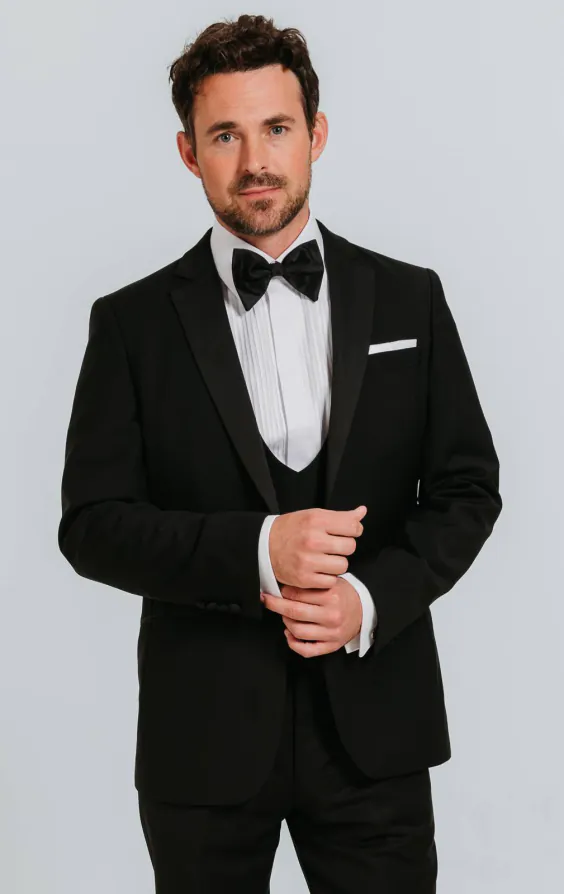 Black 100% Wool 3 Piece Tuxedo with Notch Lapel Black 100% Wool 3 Piece Tuxedo with Notch Lapel