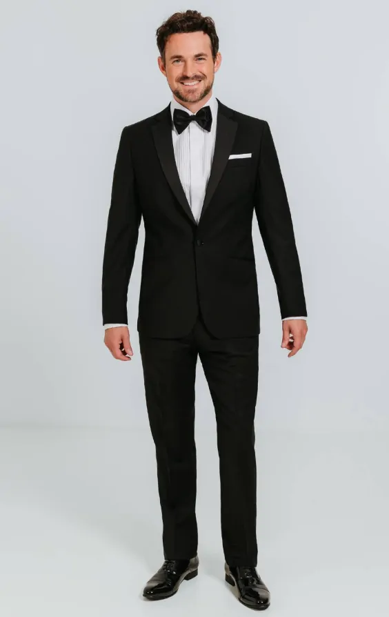 Black 100% Wool Piece Tuxedo, Dress Shirt, Dress Shoes