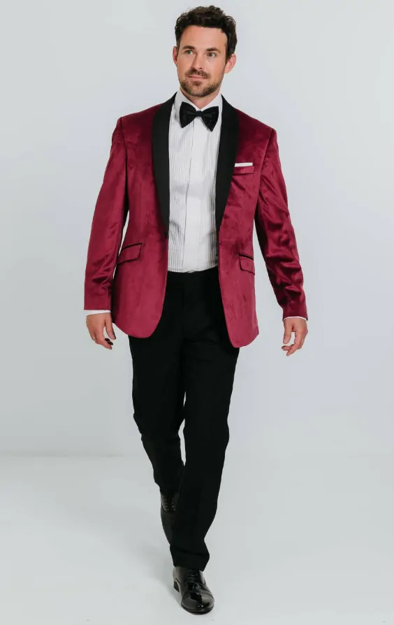 Dobell Burgundy Velvet Tuxedo with Black Trousers Dobell