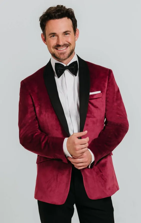 Dobell Burgundy Velvet Tuxedo with Black Trousers Dobell