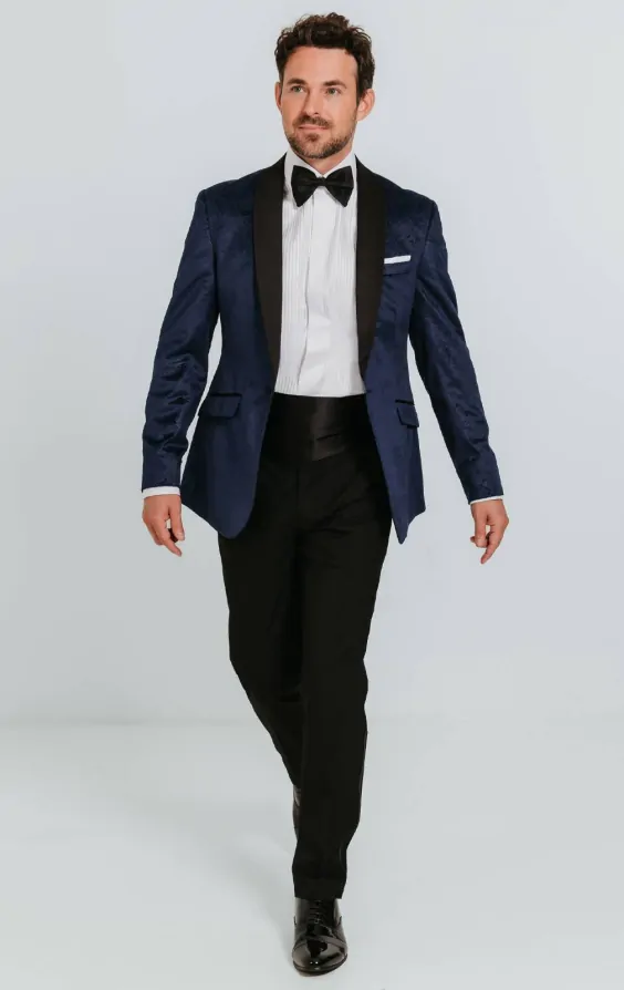 Dobell Navy Paisley Velvet Tuxedo with Black Trousers Dobell