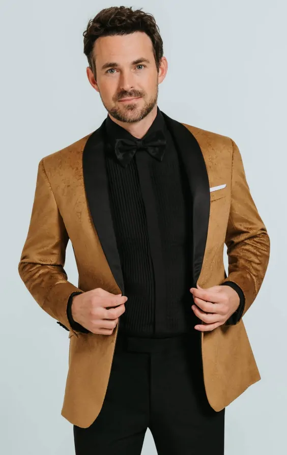 Dobell Gold Paisley Velvet Tuxedo with Black Trousers Dobell