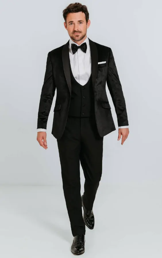 Dobell Black Slim Fit Velvet Tuxedo Dobell