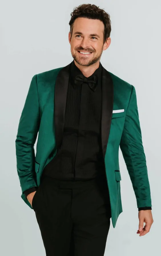 Dobell Dark Green Slim Fit Velvet Tuxedo with Black Trousers Dobell