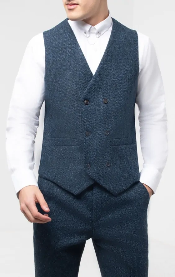 Harris Tweed Blue Black Herringbone Double Breasted Waistcoat Dobell