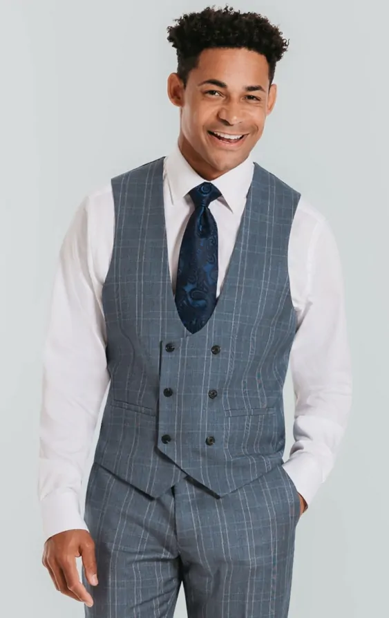Dobell Light Blue Check Double Breasted Waistcoat