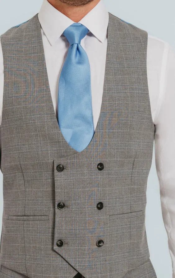Dobell Light Grey Check Double Breasted Waistcoat