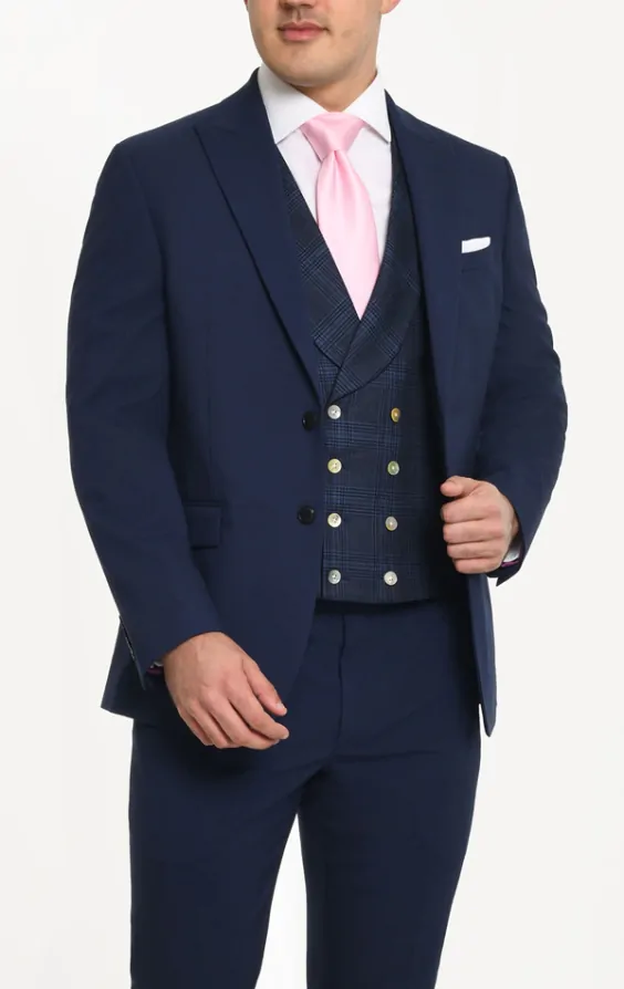 Dobell Blue Check Linen Double Breasted Shawl Lapel Morning Suit Waistcoat