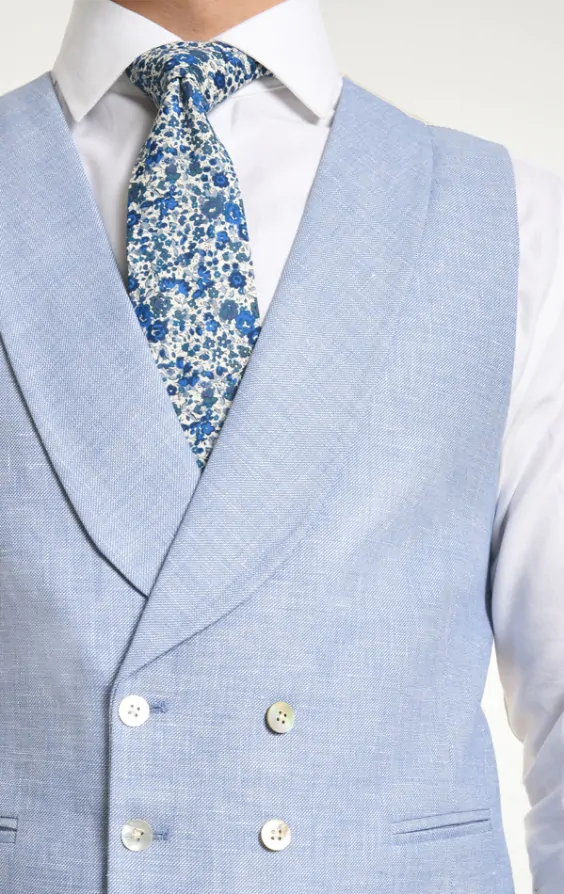 Dobell Light Blue Linen Double Breasted Shawl Lapel Morning Suit Waistcoat Dobell