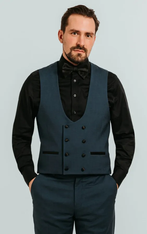 Dobell Teal Double Breasted Tuxedo Waistcoat