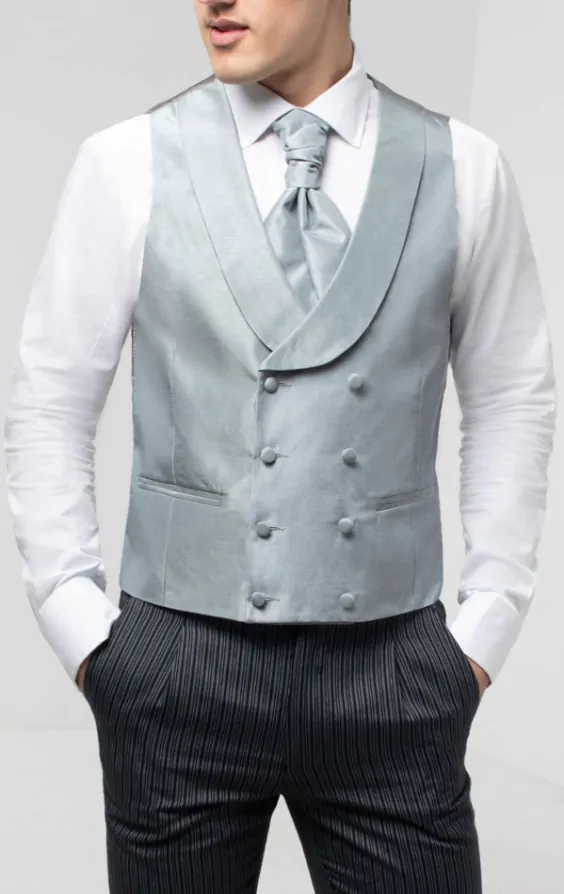 Dobell Silver Dupion Double Breasted Waistcoat with Shawl Lapel Dobell