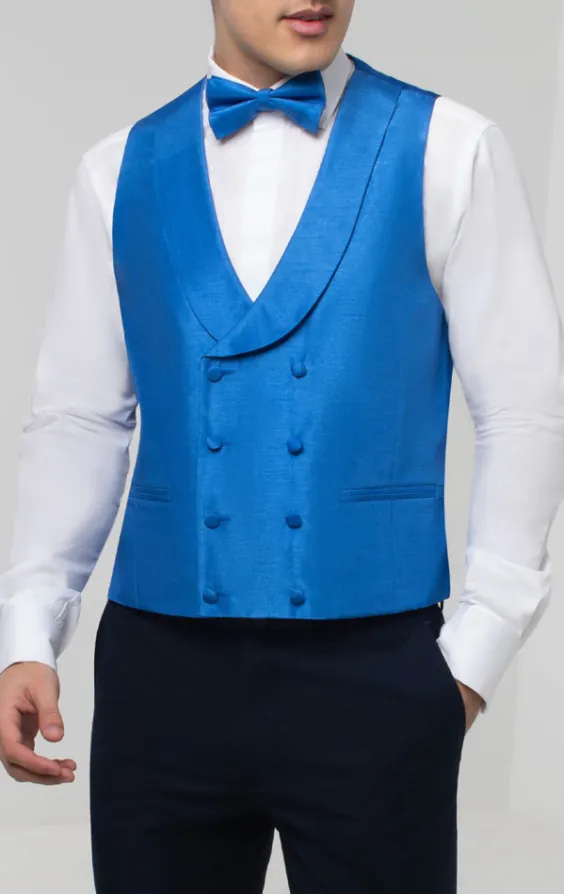 Royal Blue Dupion Double Breasted Waistcoat with Shawl Lapel - photo 1