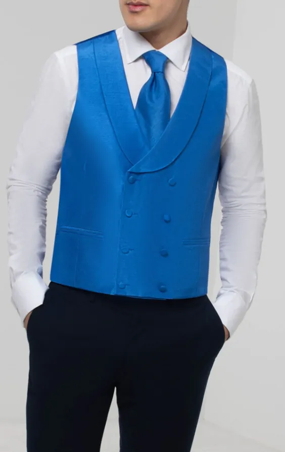 Royal Blue Dupion Double Breasted Waistcoat with Shawl Lapel