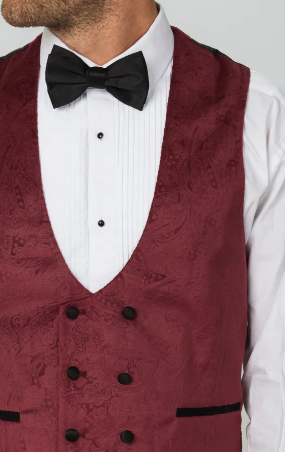 Burgundy Paisley Velvet Double Breasted Tuxedo Waistcoat thumbnail 2