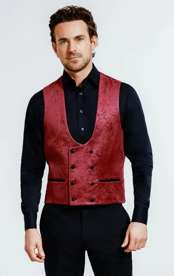 Dobell Burgundy Paisley Velvet Double Breasted Tuxedo Waistcoat Dobell