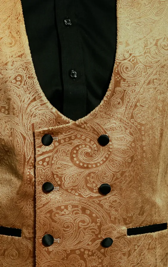 Dobell Gold Paisley Velvet Double Breasted Tuxedo Waistcoat