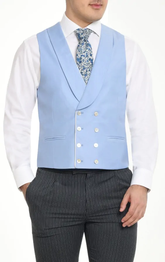 Dobell Sky Blue Twill Double Breasted Morning Suit Waistcoat with Shawl Lapel