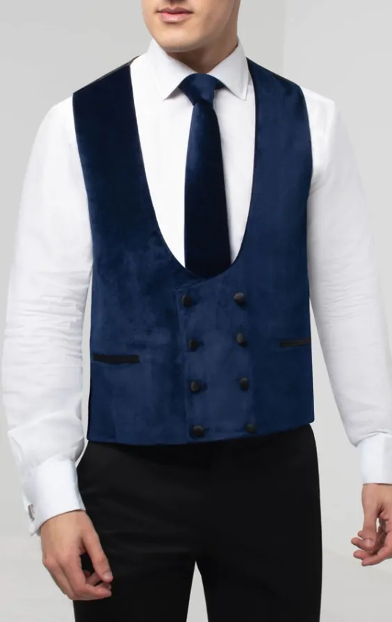 Dobell Navy Velvet Double Breasted Tuxedo Waistcoat Dobell