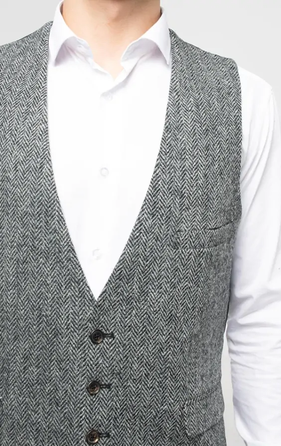 Harris Tweed Grey Herringbone Low Cut Waistcoat