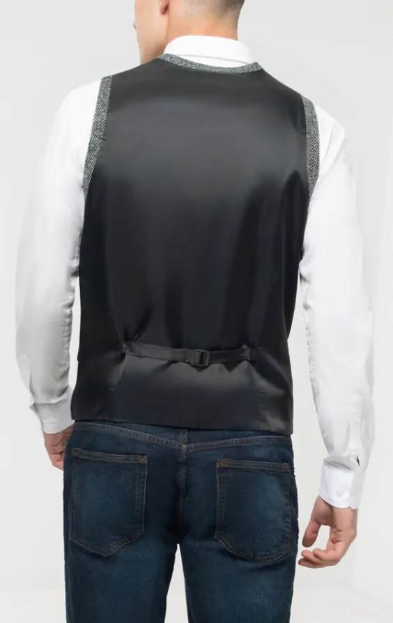 Harris Tweed Grey Herringbone Low Cut Waistcoat
