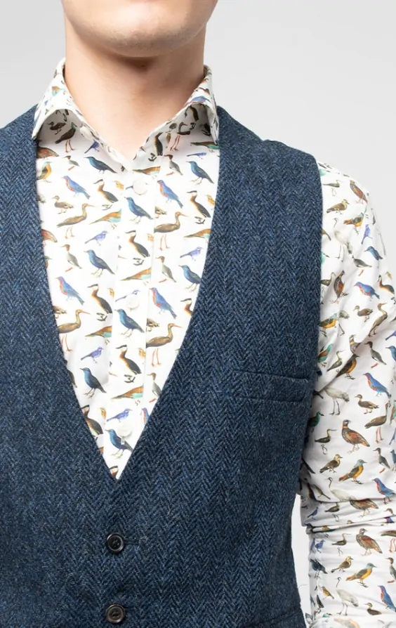Harris Tweed Blue Black Herringbone Low Cut Waistcoat